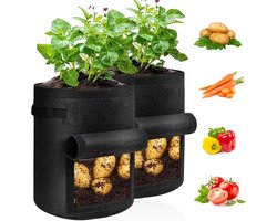 Set van 2 aardappelkweekzakken van 10 gallon (ca. 38 liter) met klep, stevige stoffen kweekzakken met handvat en oogstvenster, niet-geweven plantenzakken voor het kweken van groenten zoals aardappelen en tomaten, zwart