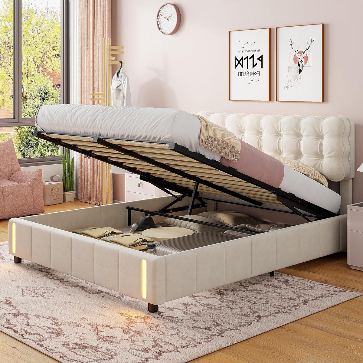 Tweepersoons Boxspring Bed met Opbergruimte 140x200 cm - Gestoffeerd Incl. LED en Lattenbodem