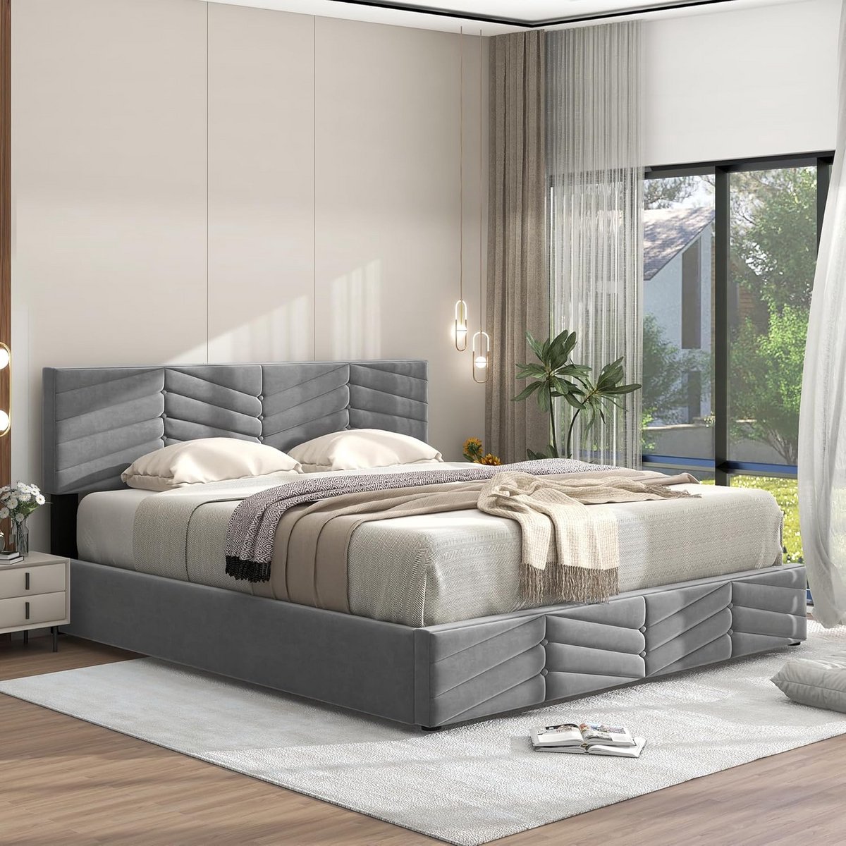 Tweepersoonsbed 140x200 cm met opbergruimte en verstelbaar hoofdeinde