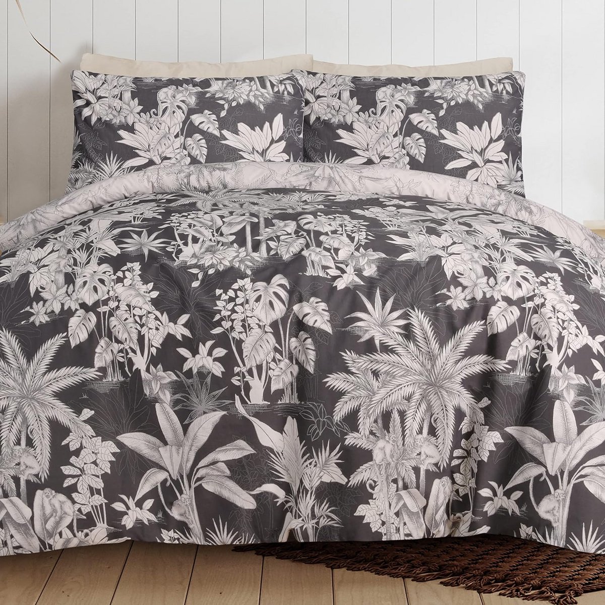 Dekbedovertrek Set - Beddengoed Set - Slaapkamer Decoratie - Reversible Tropisch Aap Design - 260x220 cm - Zwart