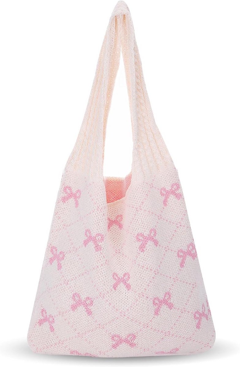 Gehaakte Boodschappentas en Strandtas Beige met Roze Strikken