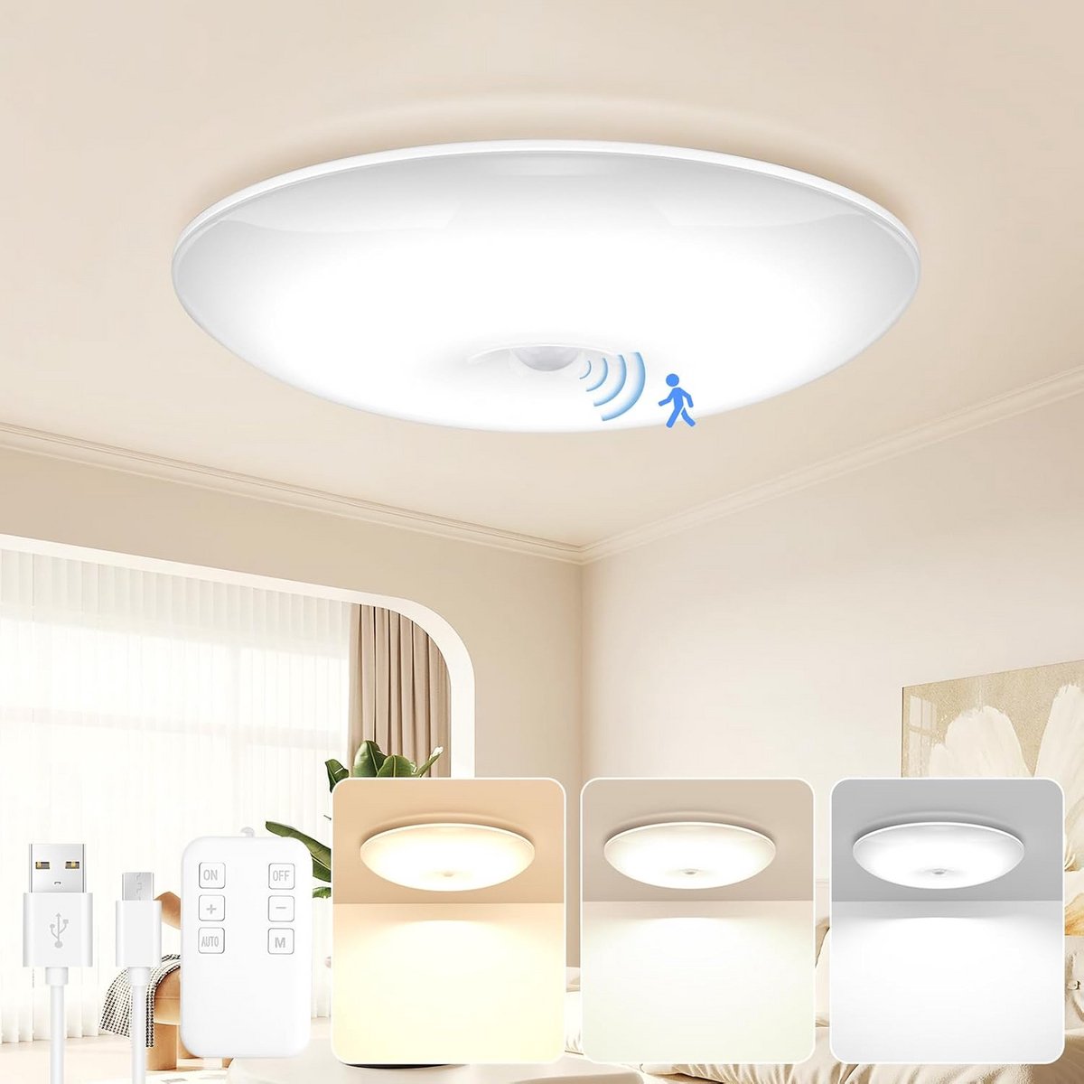 Draadloze LED Plafondlamp met Bewegingssensor en Oplaadbare Batterij
