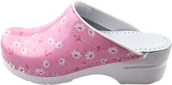 Roze PU klompje met witte madeliefjes en rode blaadjes, witte zool.