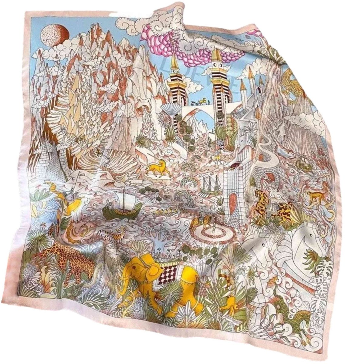 Zijden sjaal 70x70cm - Magische Reis, artistiek illustratiepatroon