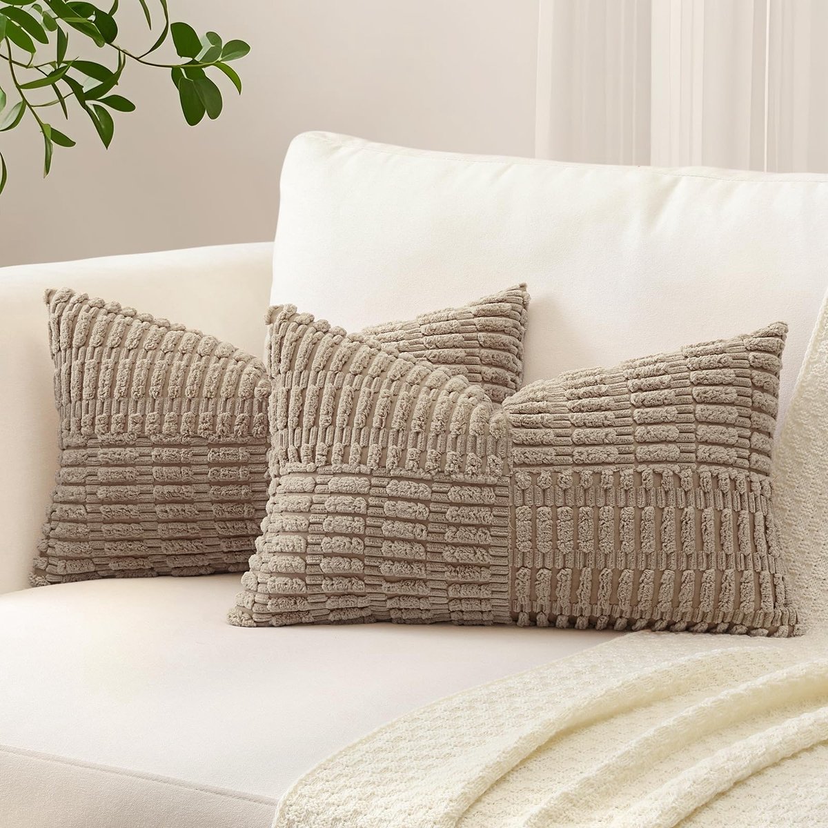 Unyqoos Set van 2 zachte corduroy kussenhoezen met boho streepdesign en verborgen ritssluiting Lichtbruin