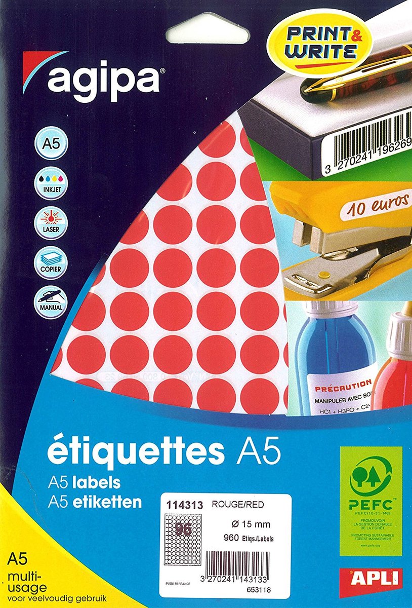 agipa ronde markeerstickers, 15 mm, rood, 960 stuks