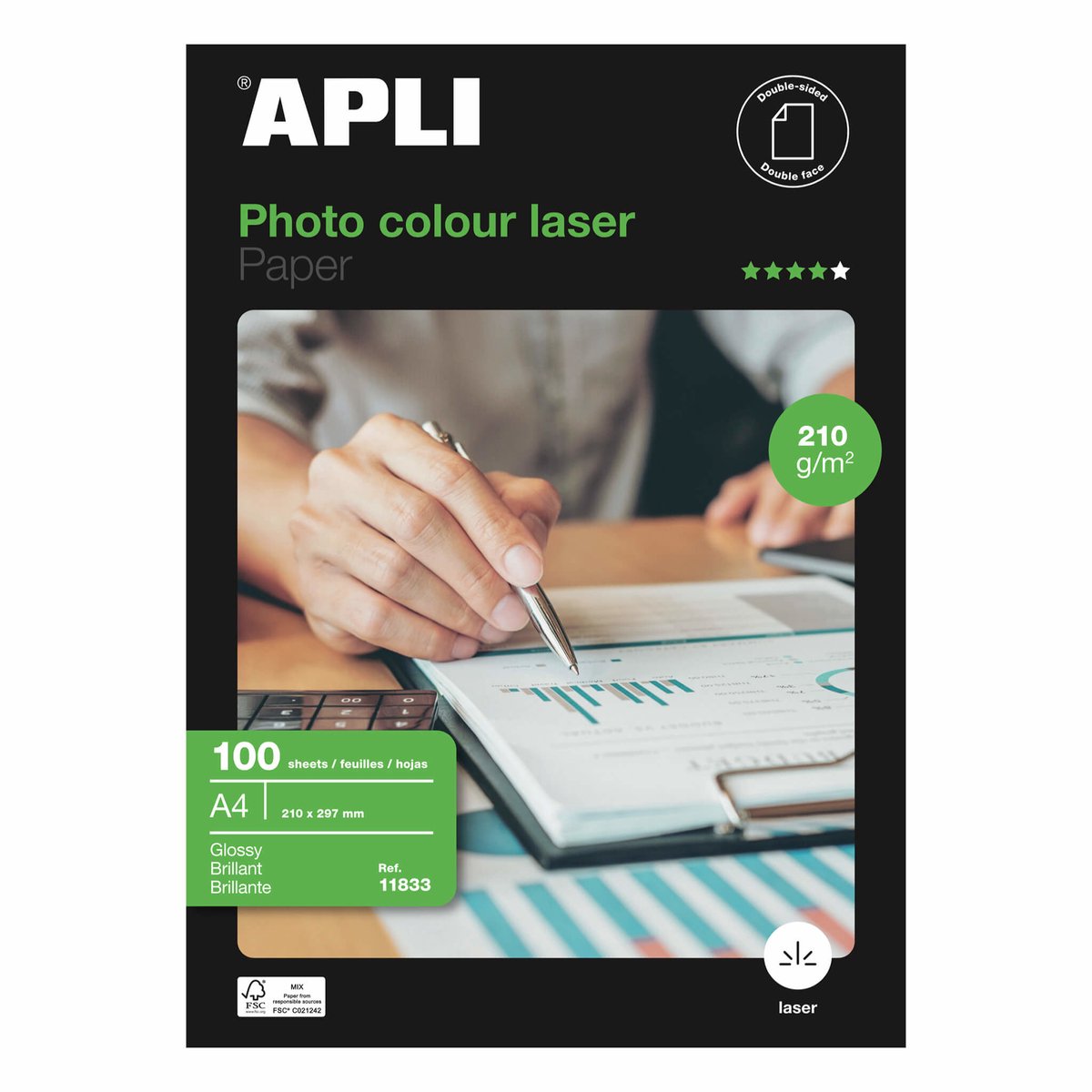 Glanzend Fotopapier Apli Laser 100 Lakens Dubbelzijdig A4 160 g/m2