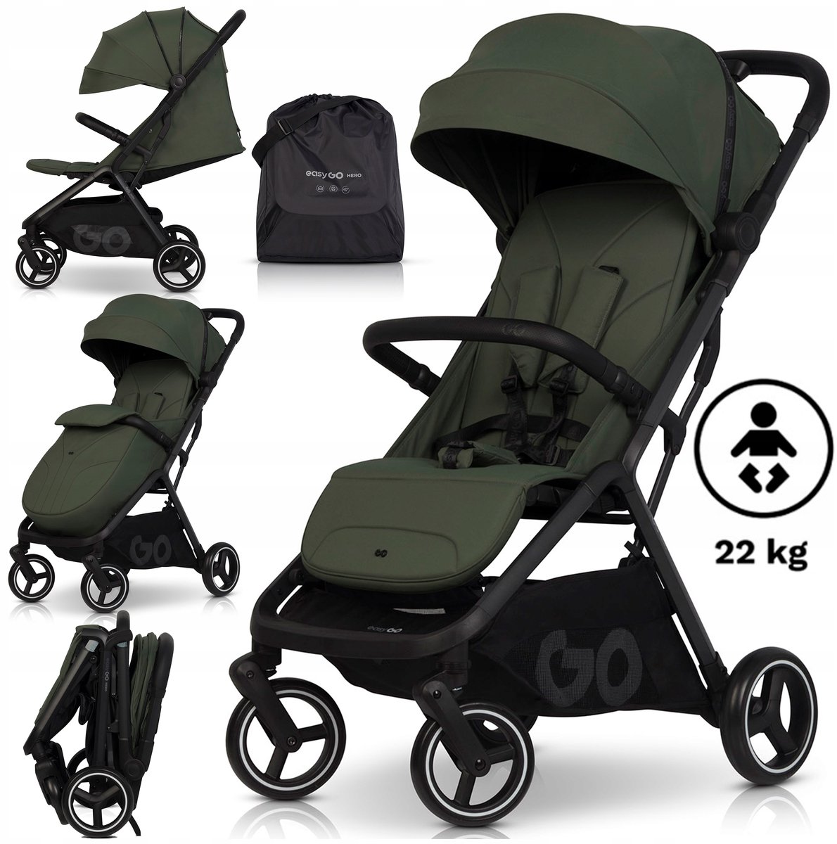 Easy Go HERO Kinderwagen: Lichtgewicht, 0-22kg, Grote Wielen, Verstelbaar