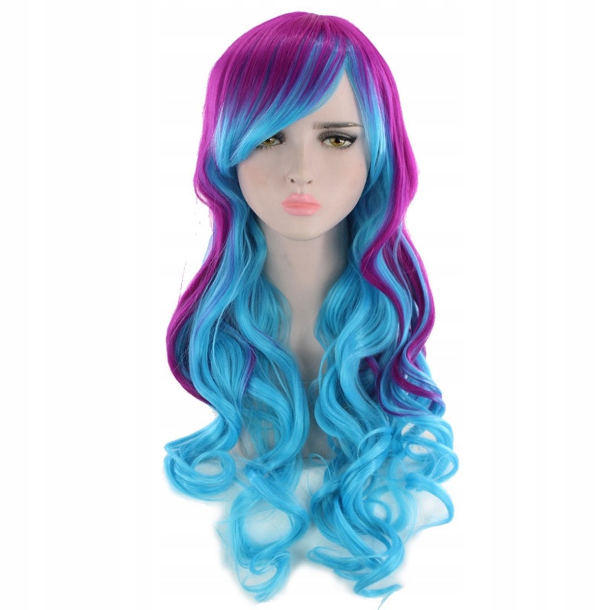 Lange blauw-paarse krullende pruik - synthetisch haar