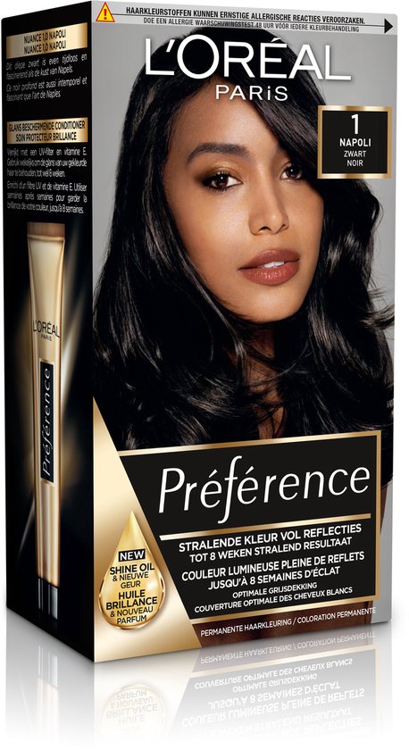 Doos L'Oréal Paris Préférence haarkleuring, model met glanzend zwart haar, kleurnummer 1 NAPOLI NOIR.