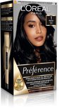 Doos L'Oréal Paris Préférence haarkleuring, model met glanzend zwart haar, kleurnummer 1 NAPOLI NOIR.