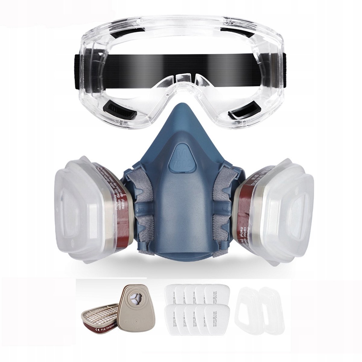 Volledig gezichtsmasker met filter voor industrieel gebruik en veiligheidsbril