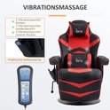 Zwart-rode gamestoel met vibratiemassage, hoofdkussen en lendensteun. Met praktische zijvakken en afstandsbediening.
