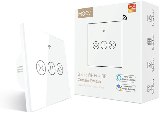 Witte smart Wi-Fi + RF gordijnschakelaar van MOES met touchpaneel en verpakking. Compatibel met Amazon Alexa en Google Assistant.