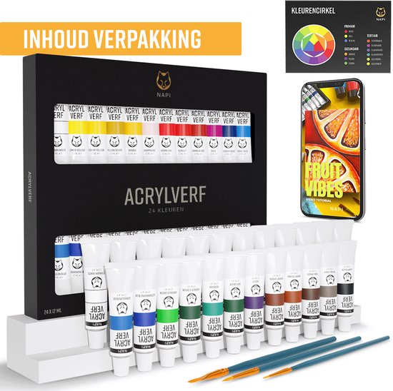 NAPI Acrylverf 24 kleuren: 24 tubes verf, 3 penselen, kleurencirkel en telefoon met video tutorial.
