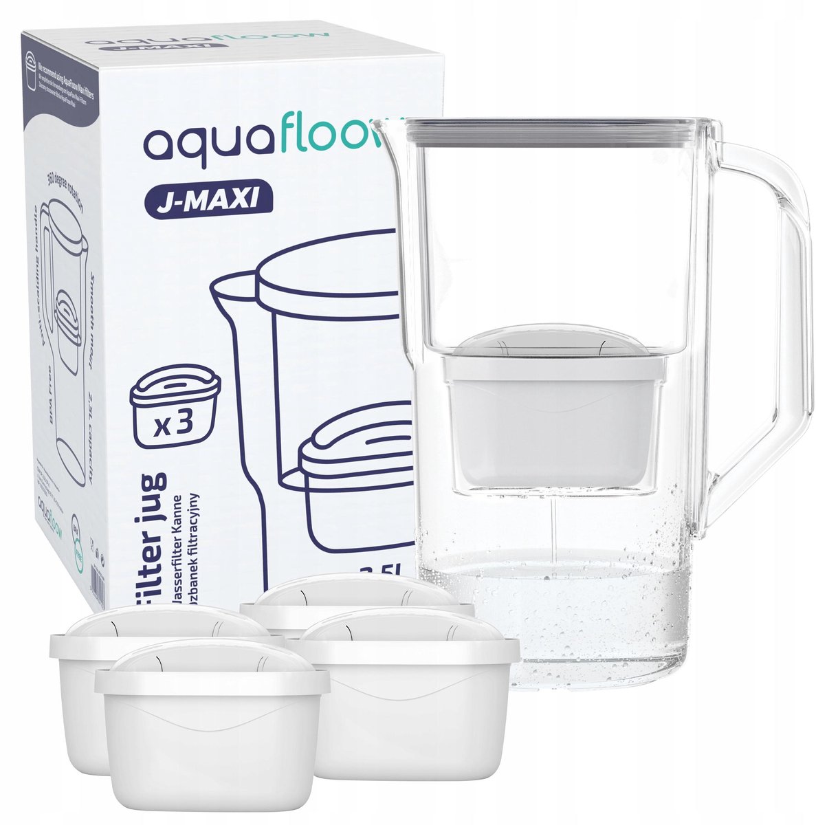 AquaFloow, Waterfilterkan AquaFloow J-MAXI 2,5L - kunststof - vermindert chloor, kalkaanslag en onzuiverheden - set met 5x waterfilters AquaFloow Maxi - grijs