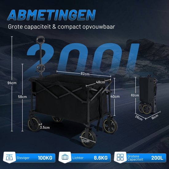 TIMBER RIDGE Bolderkar - Opvouwbaar & Compact - 100KG draagvermogen - 200L inhoud - Met verstelbare hendel & all-terrain wielen - Voor camping & strand - Zwart van Merkloos — afbeelding 3