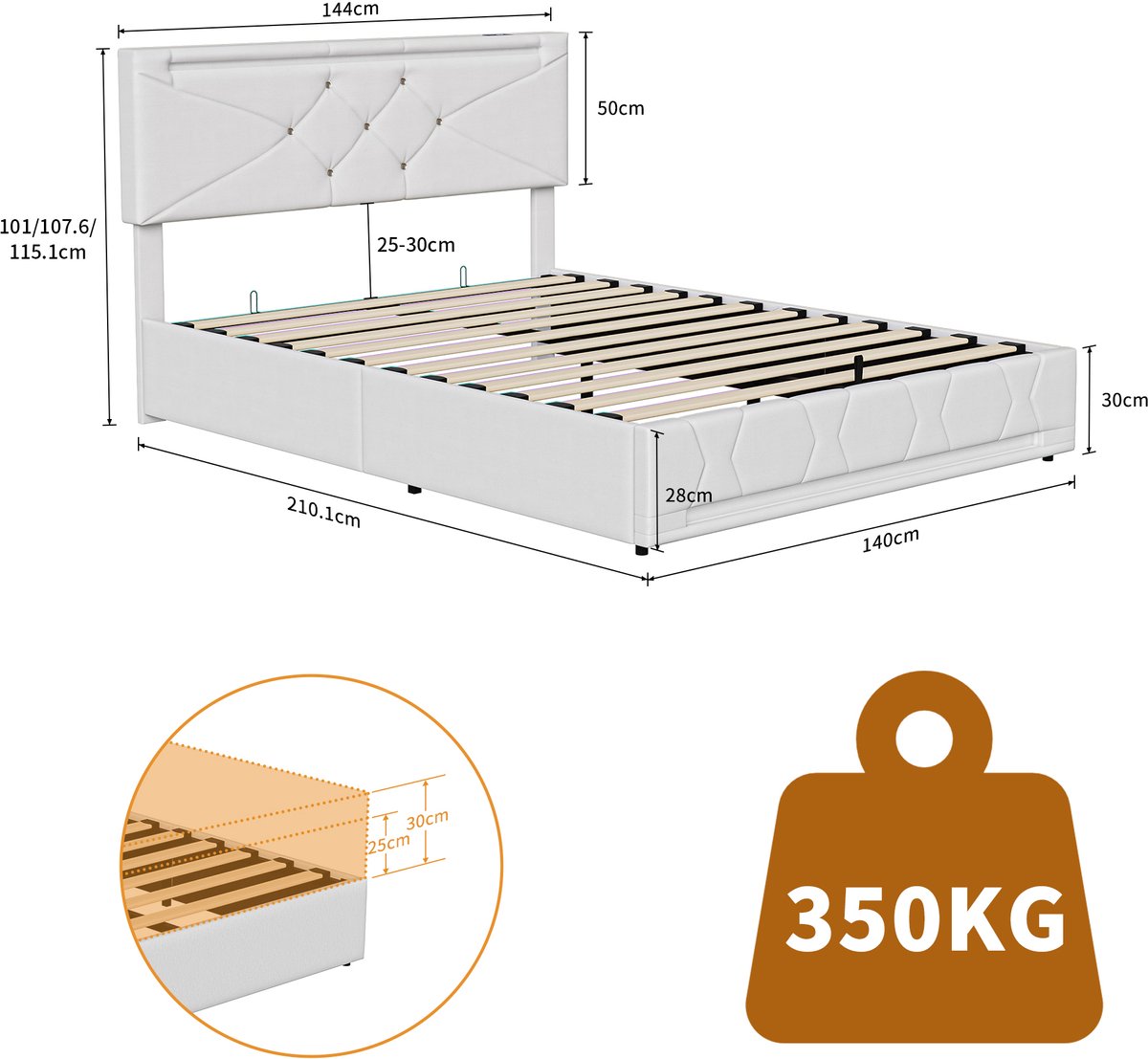 SHOPENTRA Opbergbed 140x200 cm Beige met Gaslift en LED-verlichting - afbeelding 2