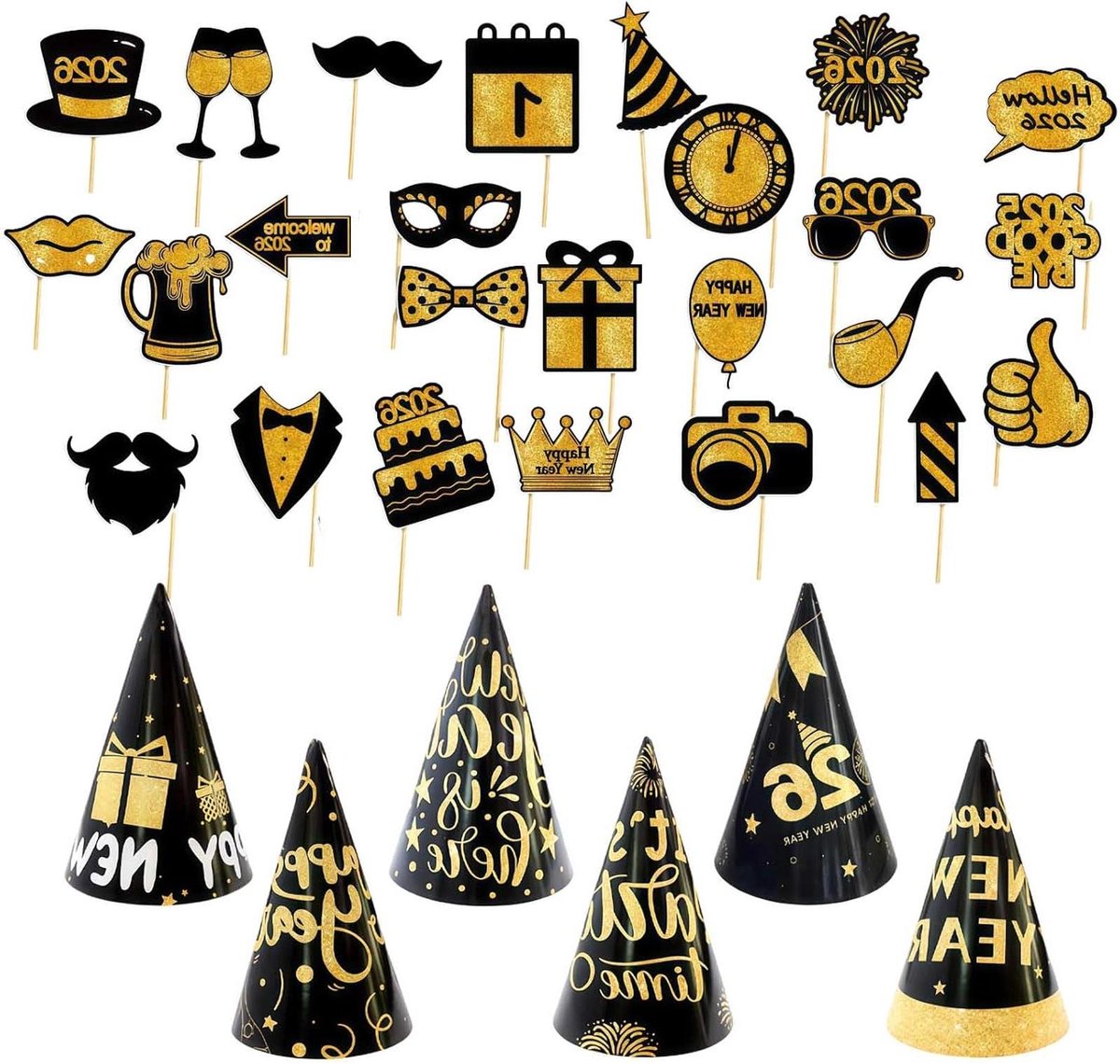 Provento - Feestdecoratie voor Oud & Nieuw 2026 | 31 Foto Accessoires | Inclusief 25 Stokken | Herbruikbaar en Duurzaam