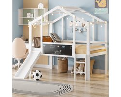 REDOM Ledikant 90x200 cm – Huisstijl met glijbaan, krijtbord & trap – Massief hout – Wit – Speels
