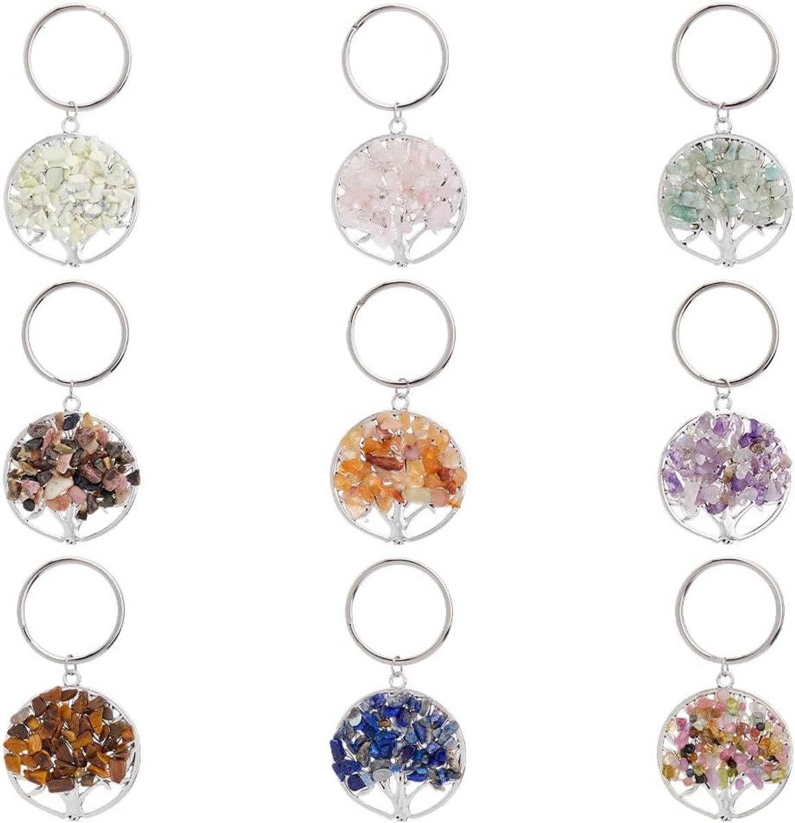 Levensboom Sleutelhanger Set met 9 Verschillende Kristal Edelstenen