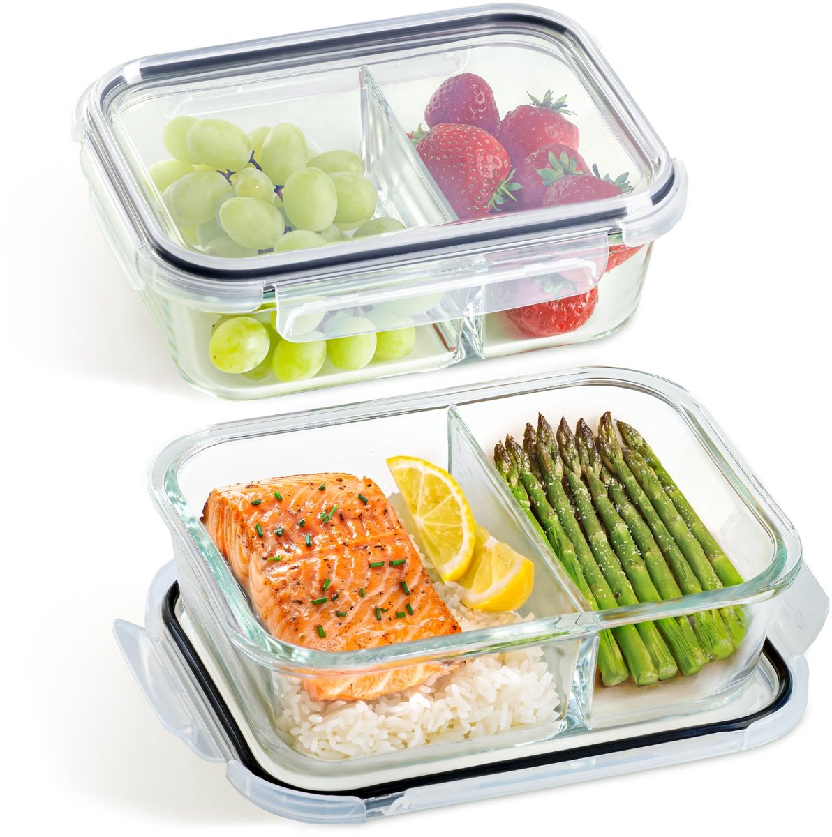 Unyqoos® Set van 2 Glazen Maaltijdvoorbereiding Containers met Twee Vakjes