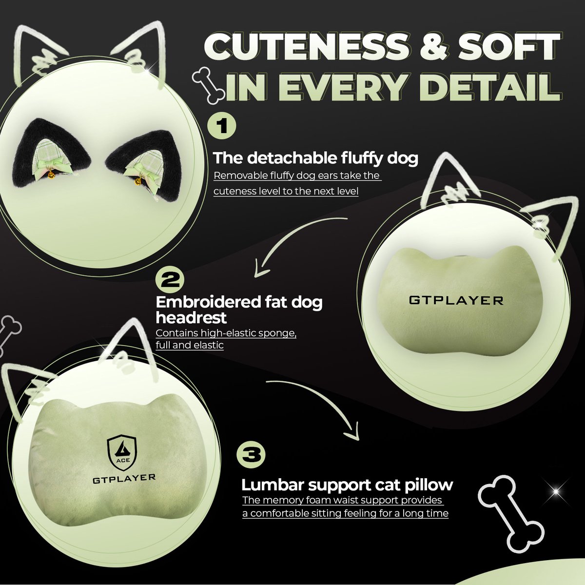 GTPLAYER - Game-stoel - Met Fluweel Stof Kattenoren en Memory Foam - Groen thumbnail 8