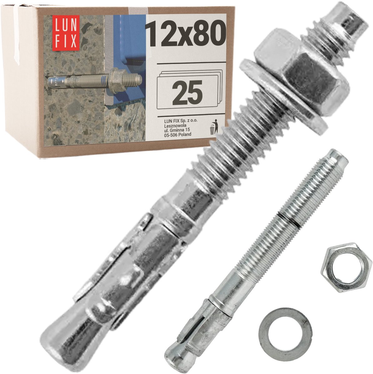 LUN FIX - Bolzenanker 12x80 mm - 25 stk - verzinkt staal - beton, pergola, hek, poortbevestiging
