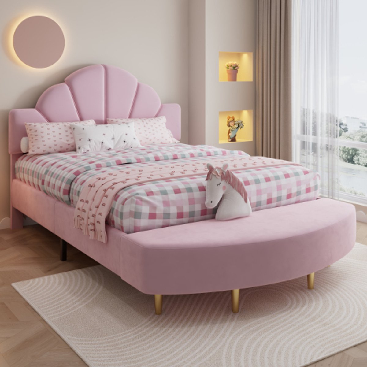Gestoffeerd bed, eenpersoonsbed, fluwelen hoofdeinde, met een bedbank in dezelfde kleur, zachte antikollisionele schuimrand, stabiel bedframe, fluweel + multiplex, roze, 140x200cm