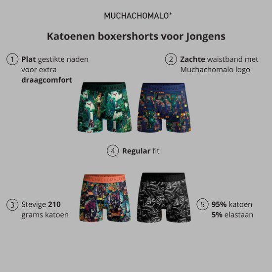 Twee Muchachomalo jongens boxershorts. Eén met jungle print, één met een donkerblauwe print met lampjes.