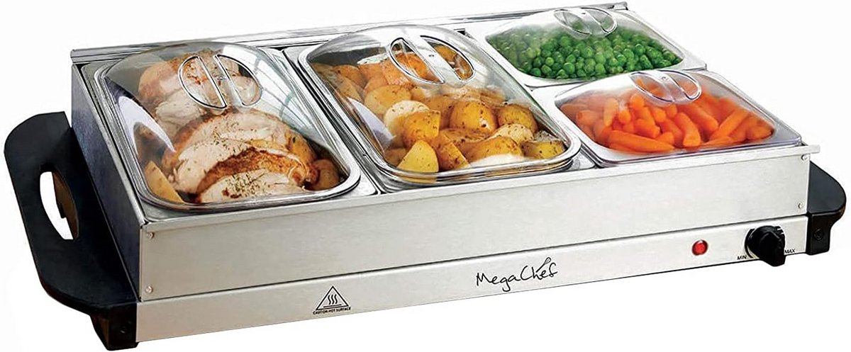 Professionele Buffetwarmer RVS met 4 Secties - Warmhoudplaat voor Feesten en Buffetten