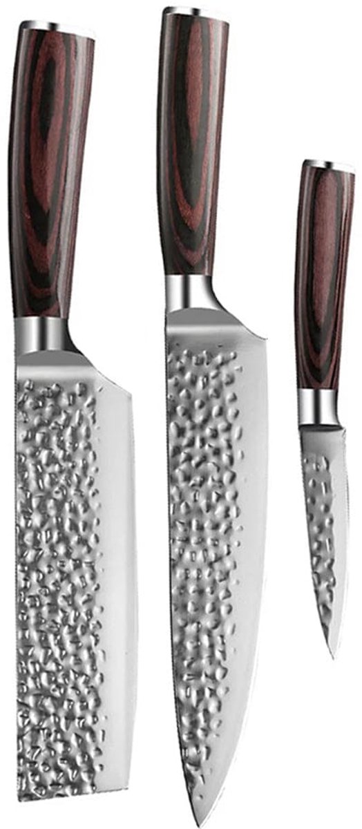 Shinrai Knives - Hammered RVS 3-delige Messenset - Koksmes + Nakiri + Schilmes