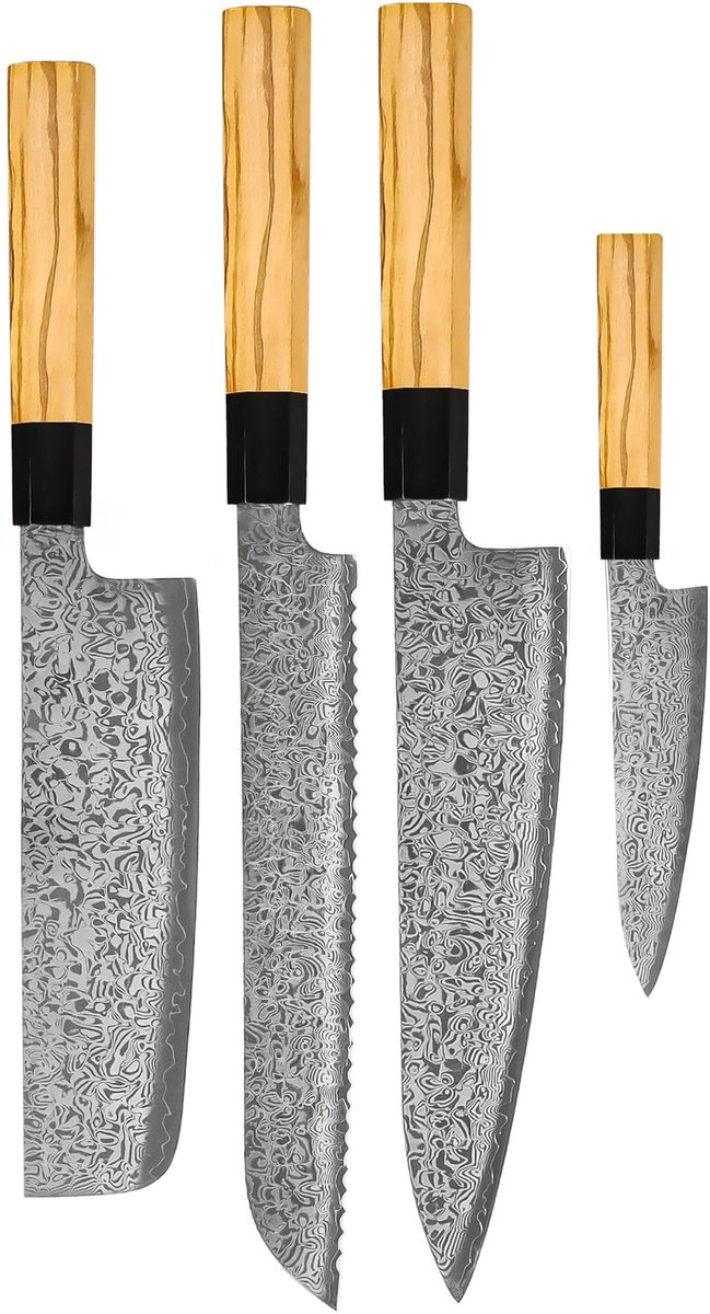 Shinrai Knives - Takumi Kaza 4-delige Damascus Messenset - Koksmes + Broodmes + Nakiri + Schilmes