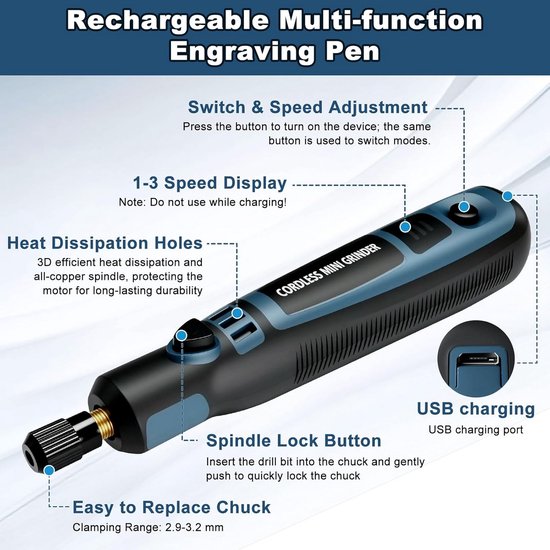 Mini draadloze roterende te 5-speed handheld 3,7 V boormachine Power Rotary Tool voor graveren, schuren, polijsten, snijden, doe-het-zelf