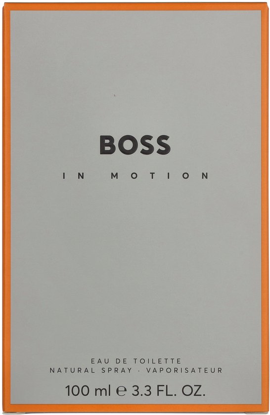 Doosje BOSS IN MOTION eau de toilette natural spray 100 ml. Grijze voorkant met oranje rand.