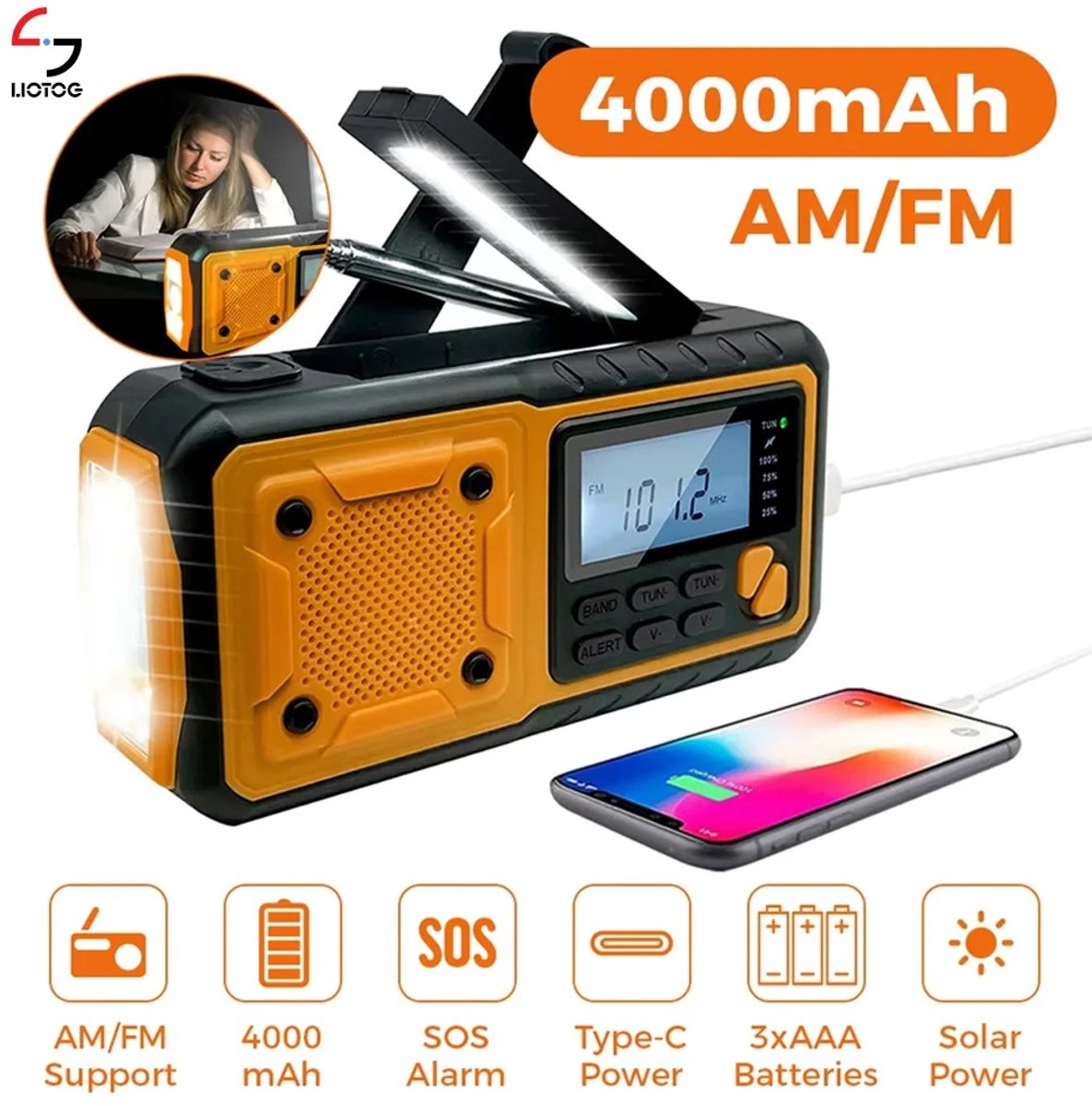 Je Huis Noodradio Solar Opwindbaar - Powerbank Zonneenergie met 5000mAh - DAB+/FM - Noodpakket - Bluetooth Speaker & Digitale Wekker - Draagbare Radio – Oplaadbaar & Op Batterijen