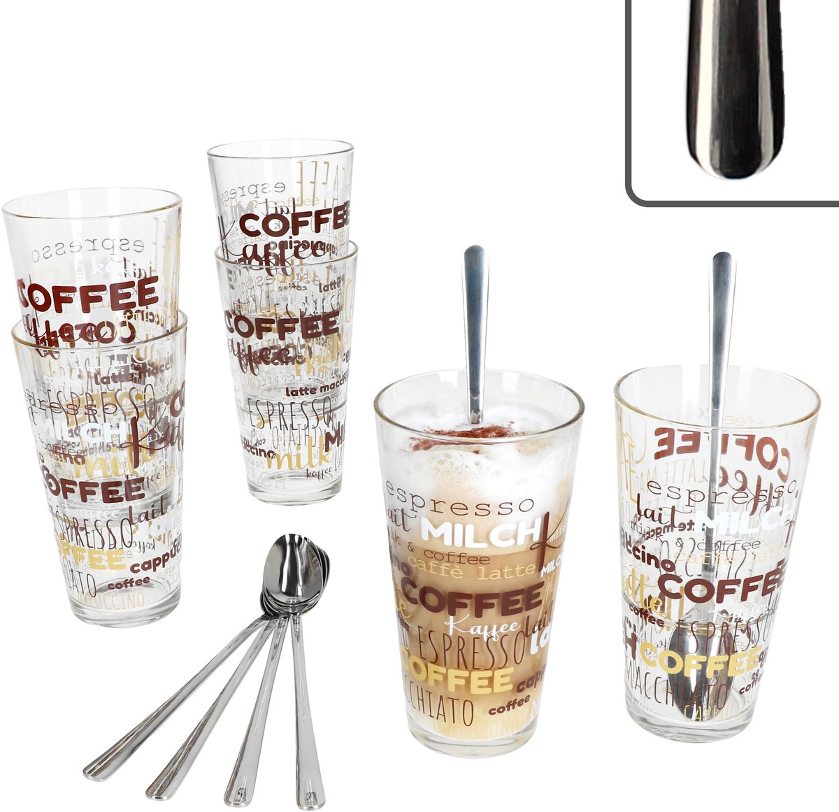 Set van 6 CANDY latte macchiato glazen met opschriftdecoratie 380ml