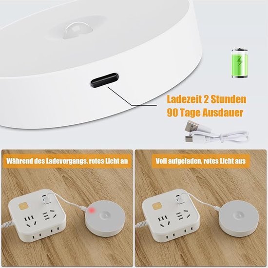 14 LED-Nachtlampje met Bewegingsmelder, 6 Stuks Oplaadbare Nachtlamp met USB-Kabels, Auto/On/Off, Stick Overal Zoals Trap, Kinderkamer, Slaapkamer, Keuken, Hal, Toilet (3000K Warm Wit) [Energieklasse A] — afbeelding 4