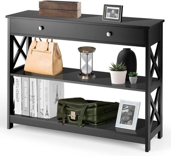 GOPLUS Consoletafel, smalle entreetafel met lade en 2 planken, houten haltafel voor hal, woonkamer, ingang, 100 cm x 30 cm x 80 cm (wit GOPLUS Consoletafel, smalle entreetafel met lade en 2 planken, houten haltafel voor hal, woonkamer, ingang, 100 cm x 30 cm x 80 cm (wit