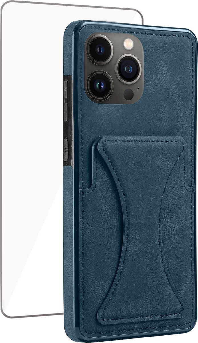 Geschikt voor iPhone 13 Mini Pasjes Houder Hoesje + Screenprotector – Gehard Glas Cover - Portemonnee Hoesje met Kickstand - Magnetisch - Blauw