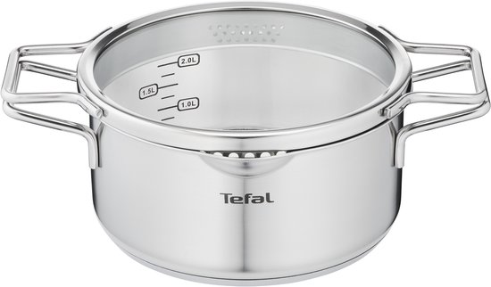 Tefal soeppan van roestvrij staal met glazen deksel met gaatjes en maatstreepjes tot 2.0L.