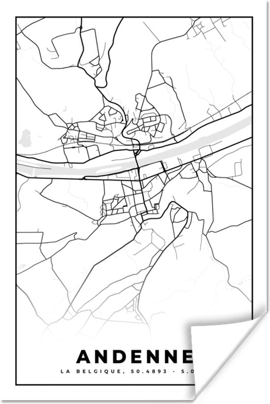 Poster Zwart Wit – België – Plattegrond – Stadskaart – Kaart – Andenne - 20x30 cm