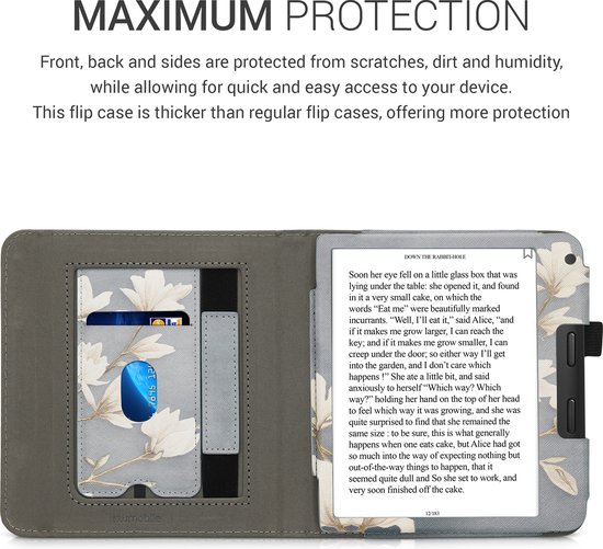 kwmobile e-reader hoesje geschikt voor Kobo Libra 2 hoes - E reader flip case van kunstleer - Ereader cover met stand - Magnolia design in taupe / wit / blauwgrijs van Merkloos — afbeelding 4