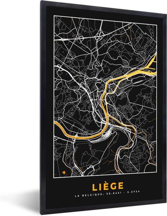 Cadre photo avec affiche - Carte - Liège - Or - Plan - Plan de la ville - 80x120 cm - Cadre pour affiche