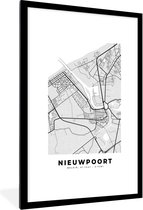 Fotolijst incl. Poster Zwart Wit- België – Nieuwpoort – Stadskaart – Kaart – Zwart Wit – Plattegrond - 80x120 cm - Posterlijst