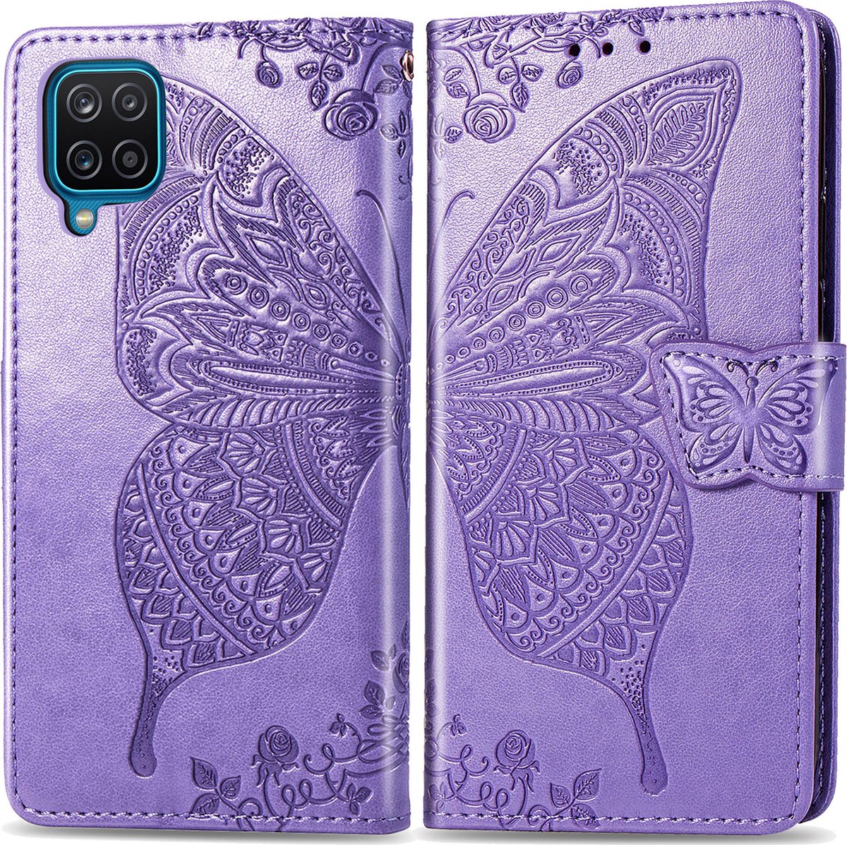 Bookcase geschikt voor Samsung Galaxy A12 - Paars - Vlinder - Portemonnee Hoesje
