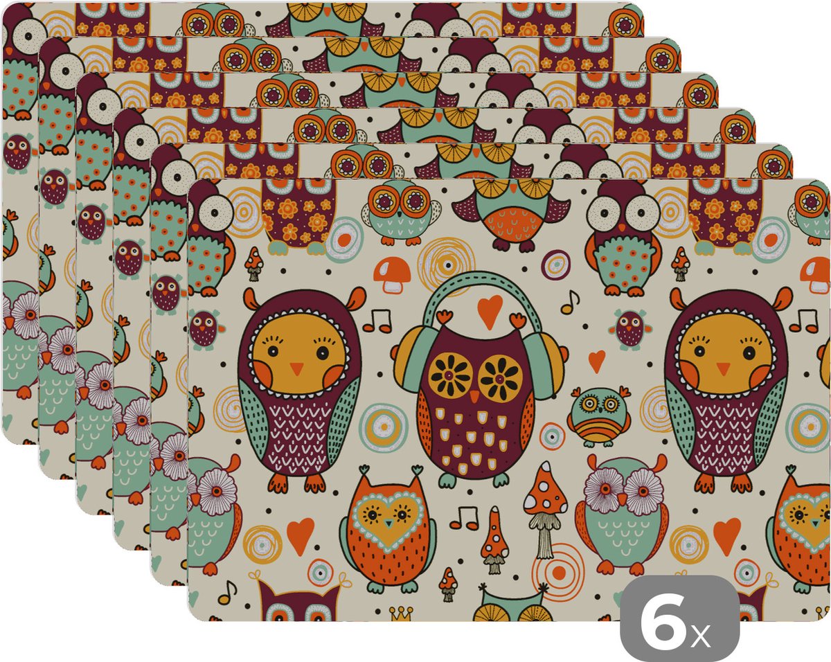 Placemat - Placemats kunststof - Uil - Koptelefoon - Patroon - 45x30 cm - 6 stuks - Hittebestendig - Anti-Slip - Onderlegger - Afneembaar