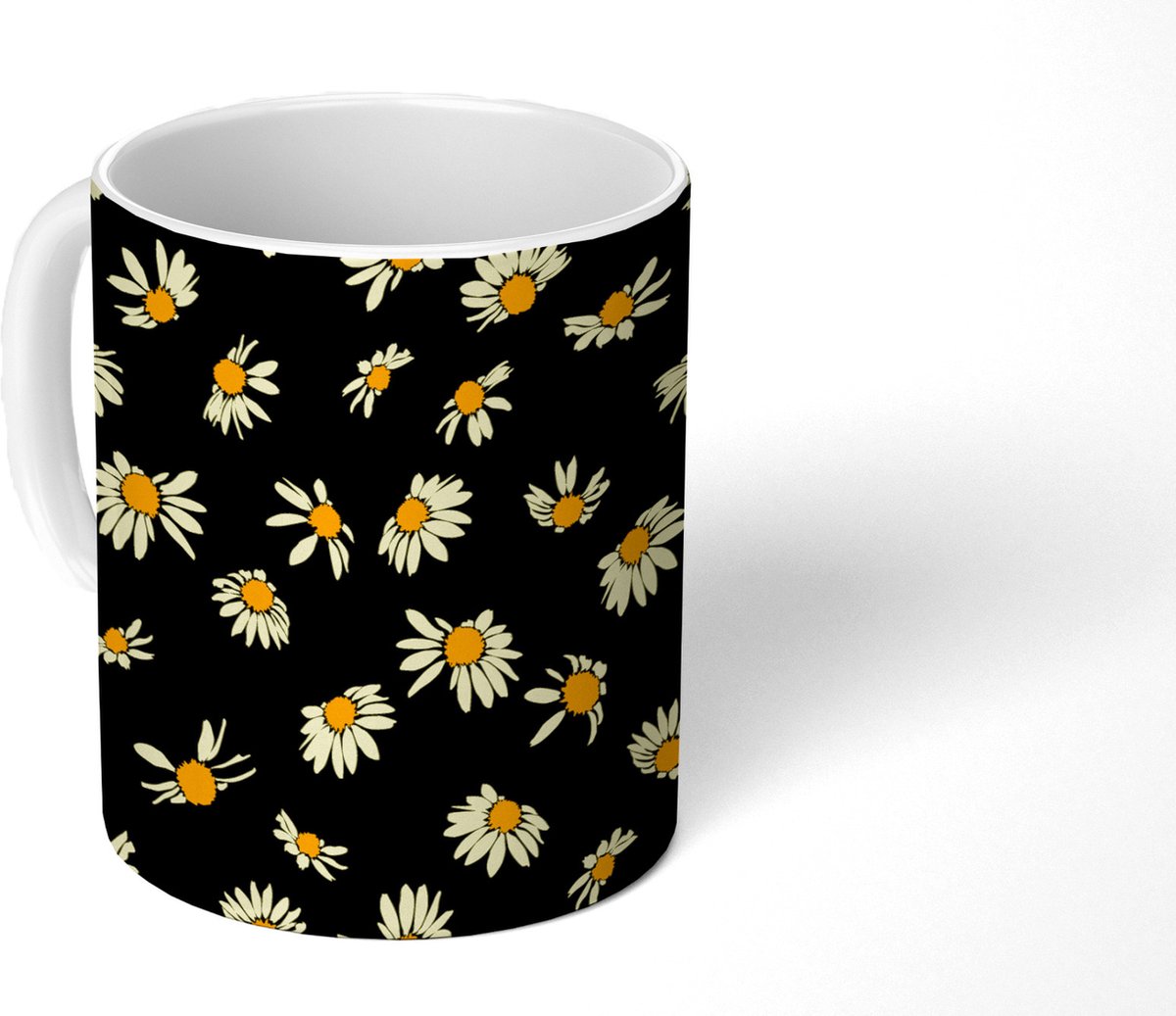 Mok - Koffiemok - Madelief - Zwart - Patroon - Mokken - 350 ML - Beker - Koffiemokken - Theemok