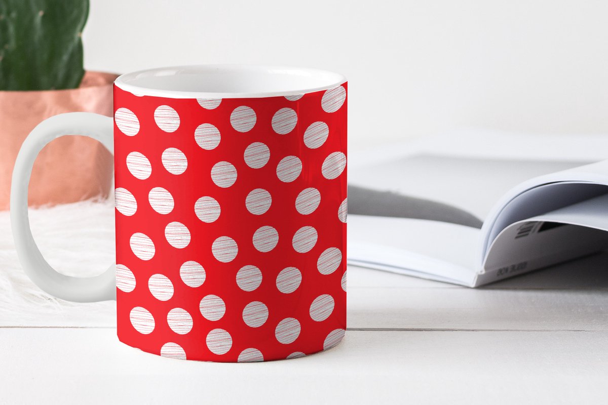 City to Cottage Rood Wit | Polka Dot Stippen | Handgemaakt Handgeschilderd | Grote Keramische 350ml | Cappuccino Koffie Thee Mok Schotel | Cadeau