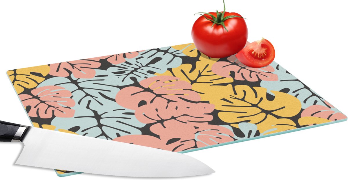 Glazen Snijplank - 28x20 - Monstera - Hawaii - Design - Pastel - Snijplanken Glas